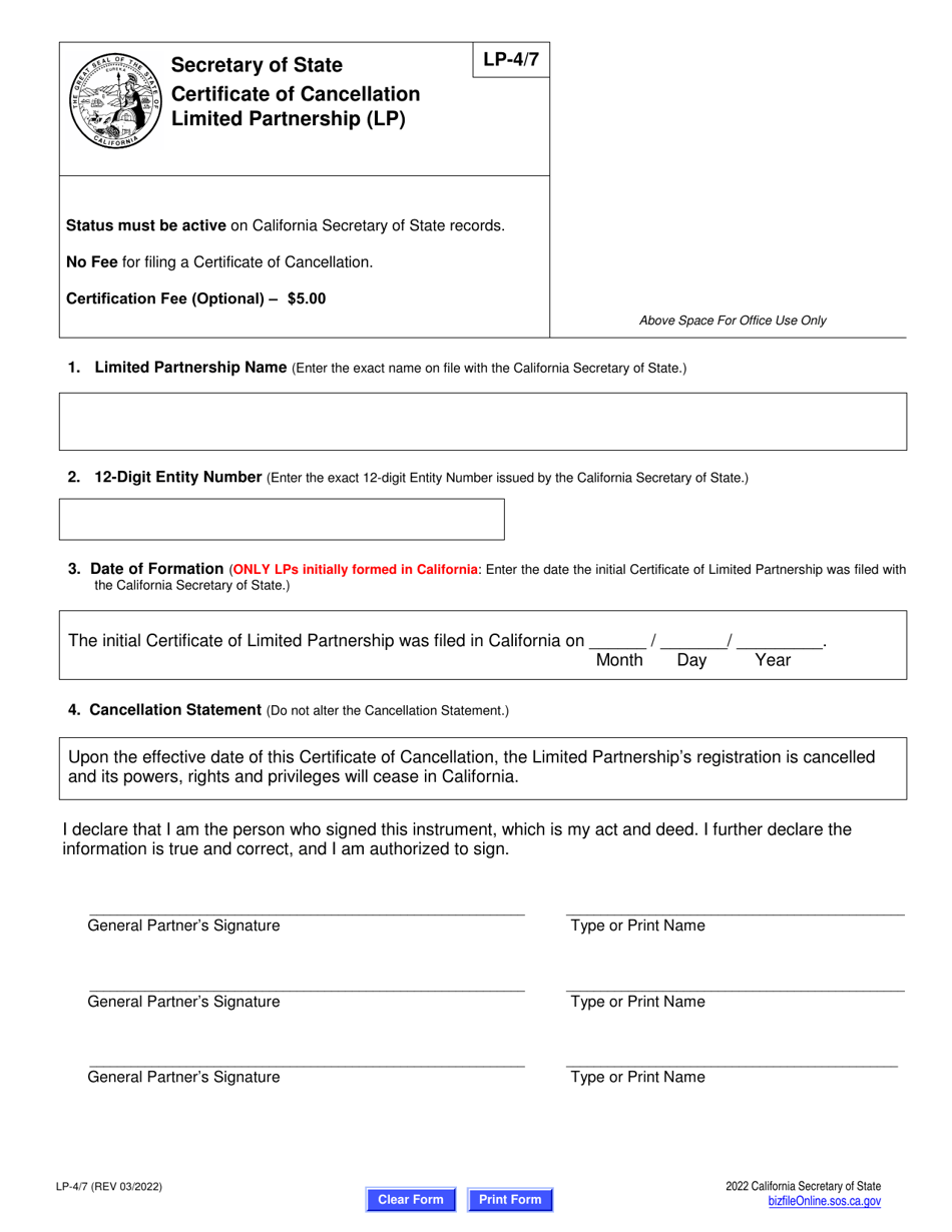 Form LP-4 / 7 Certificate of Cancellation Limited Partnership (Lp) - California, Page 2