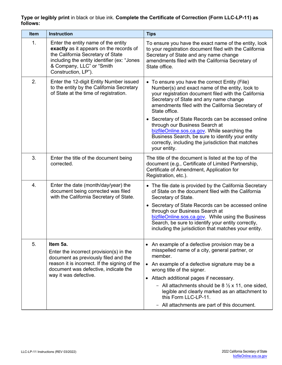 Form LLC-LP-11 Certificate of Correction - Limited Liability Company (LLC) or Limited Partnership (Lp) - California, Page 3
