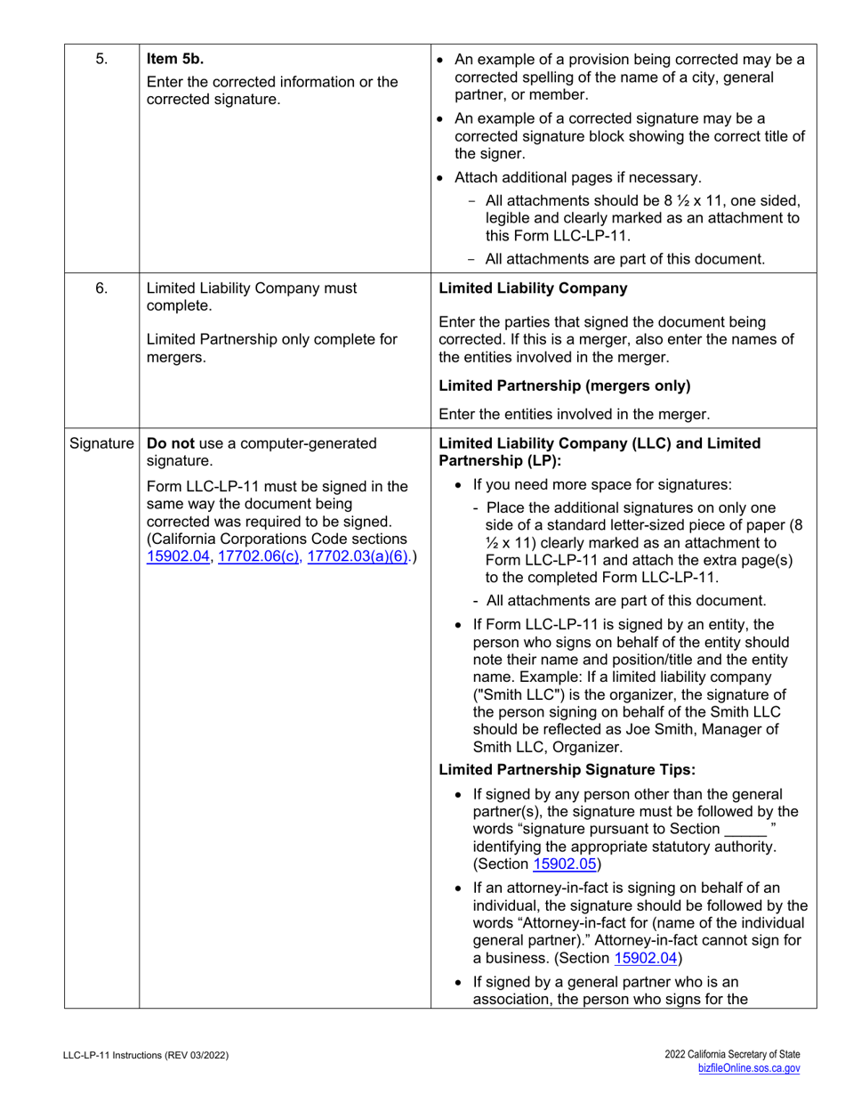 Form LLC-LP-11 Certificate of Correction - Limited Liability Company (LLC) or Limited Partnership (Lp) - California, Page 4