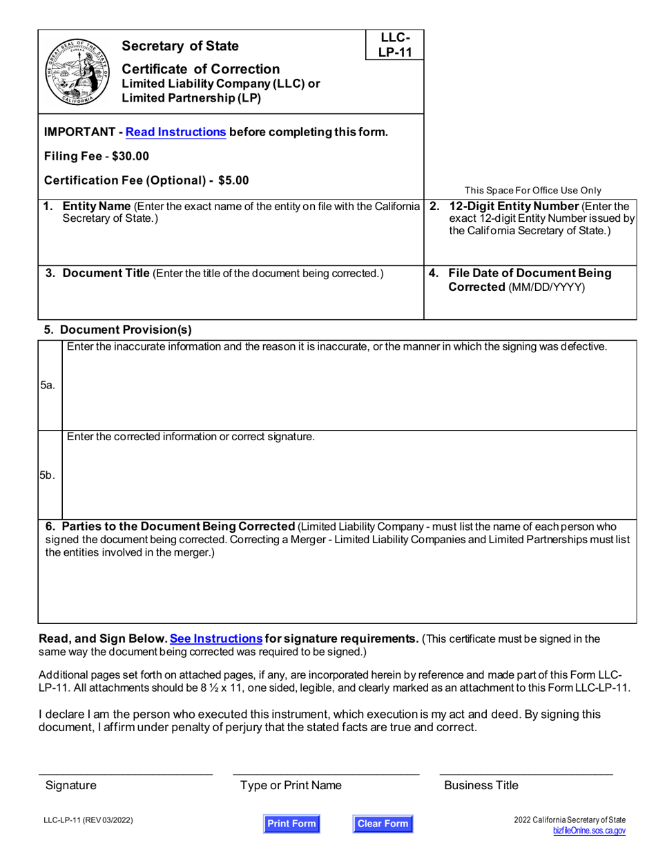 Form LLC-LP-11 Certificate of Correction - Limited Liability Company (LLC) or Limited Partnership (Lp) - California, Page 6