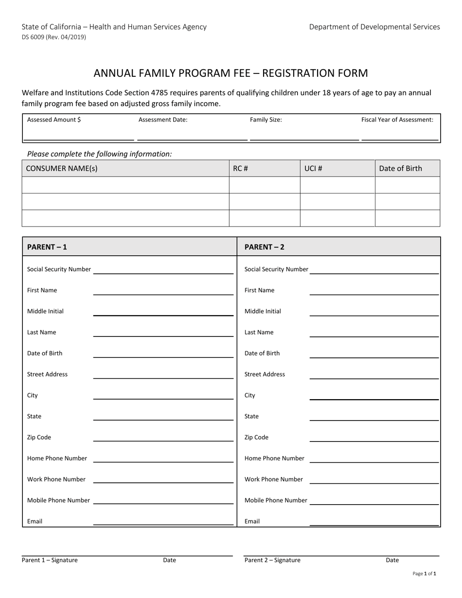Form DS6009 Annual Family Program Fee - Registration Form - California, Page 1
