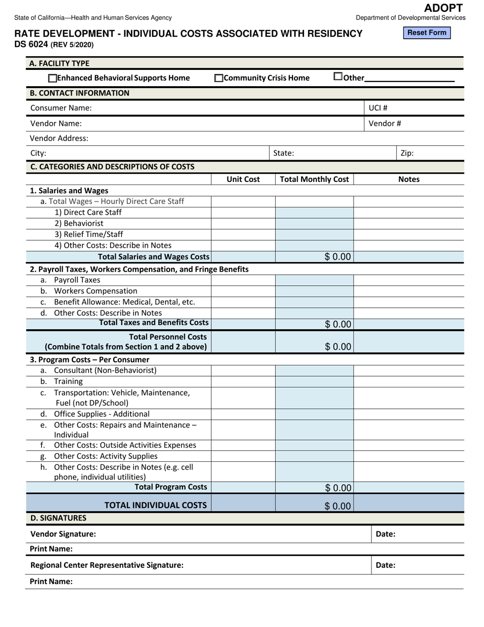 Form DS6024 Rate Development - Individual Costs Associated With Residency - California, Page 1