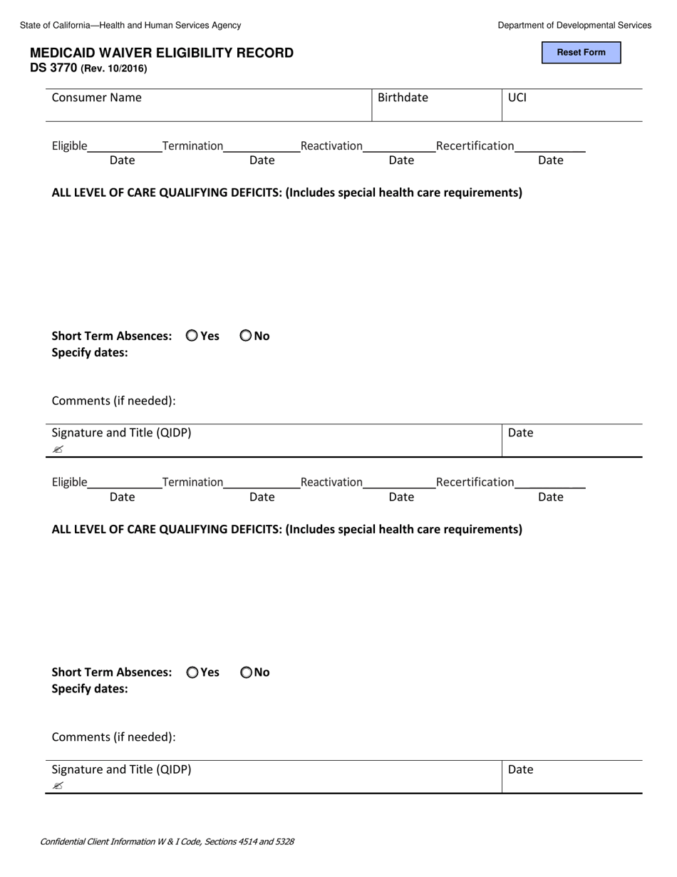 Form DS3770 Medicaid Waiver Eligibility Record - California, Page 1