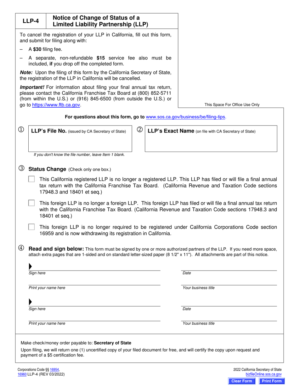 Form LLP-4 Notice of Change of Status of a Limited Liability Partnership (LLP ) - California, Page 2