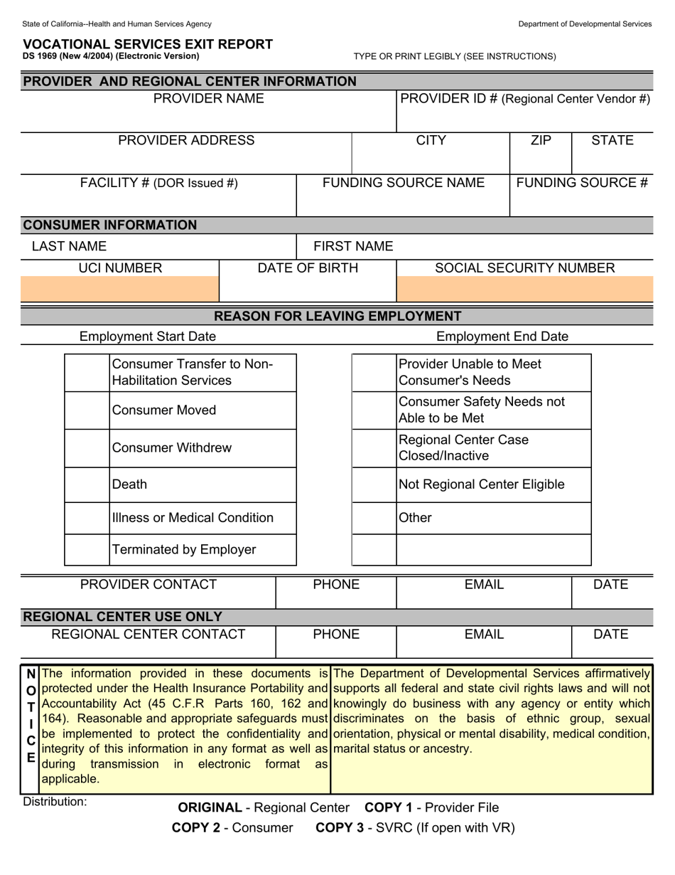 Form DS1969 Vocational Services Exit Report - California, Page 1
