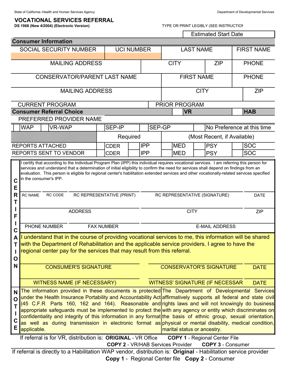 Form DS1968 Vocational Services Referral - California, Page 1