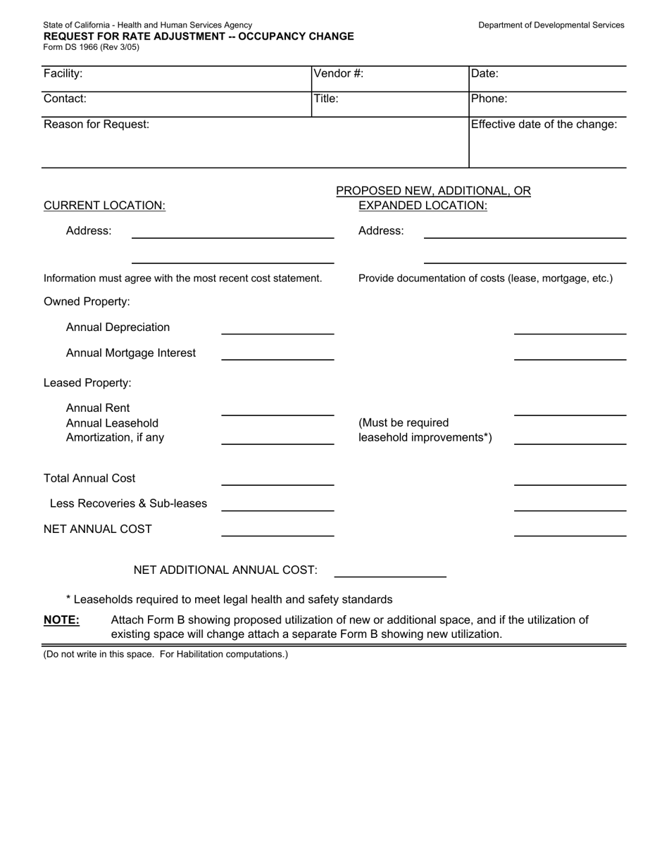 Form DS1966 Request for Rate Adjustment - Occupancy Change - California, Page 1