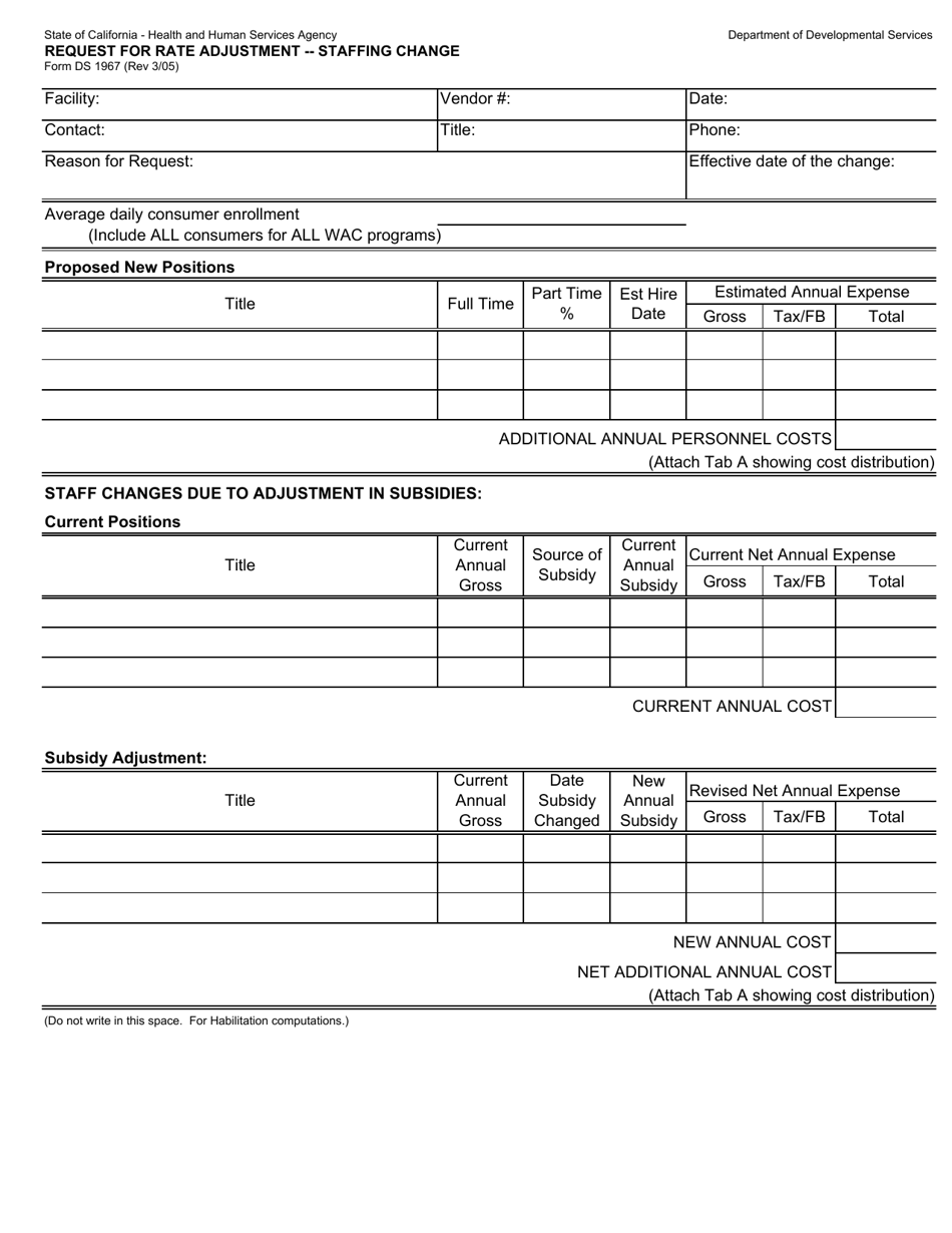 Form DS1967 Request for Rate Adjustment - Staffing Change - California, Page 1