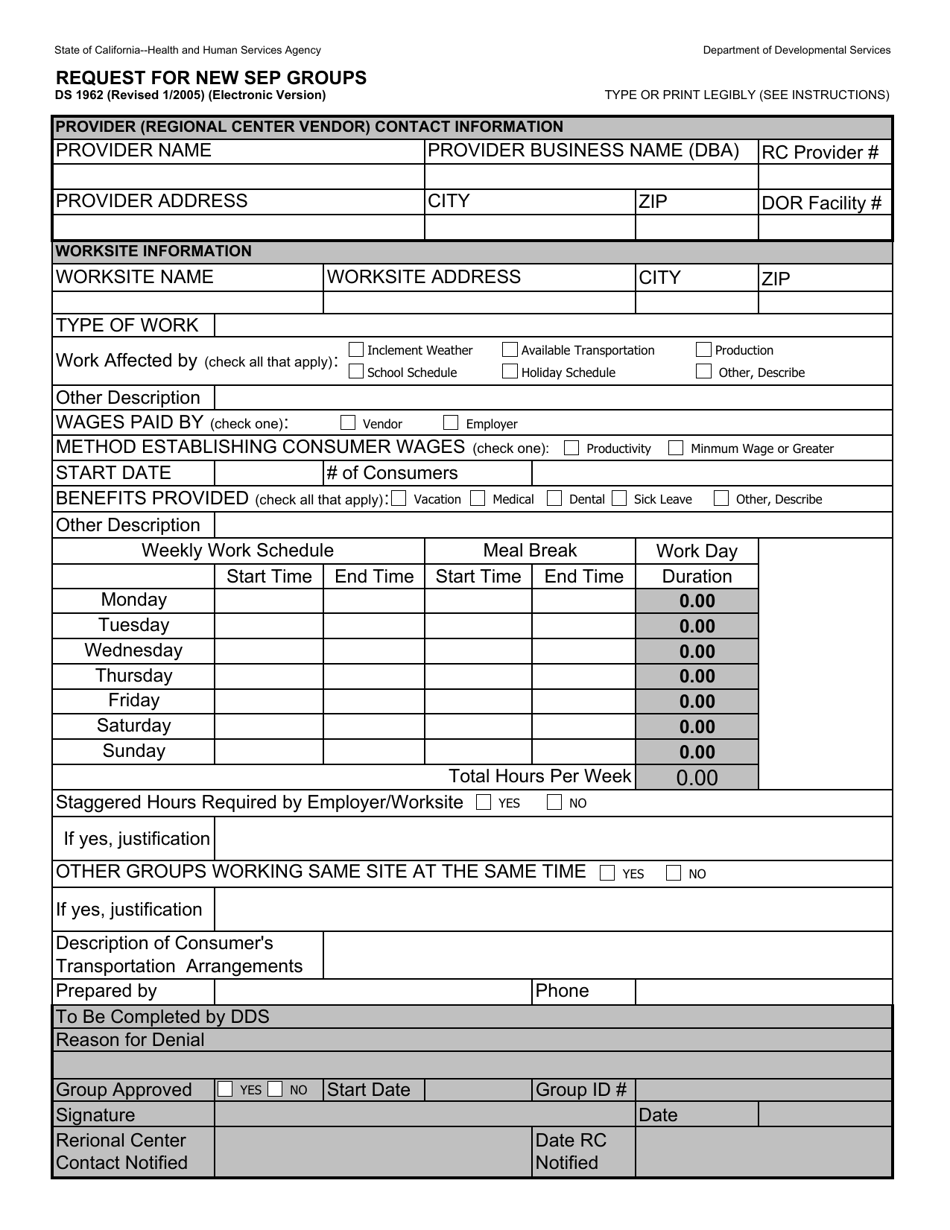 Form DS1962 Request for New Sep Groups - California, Page 1