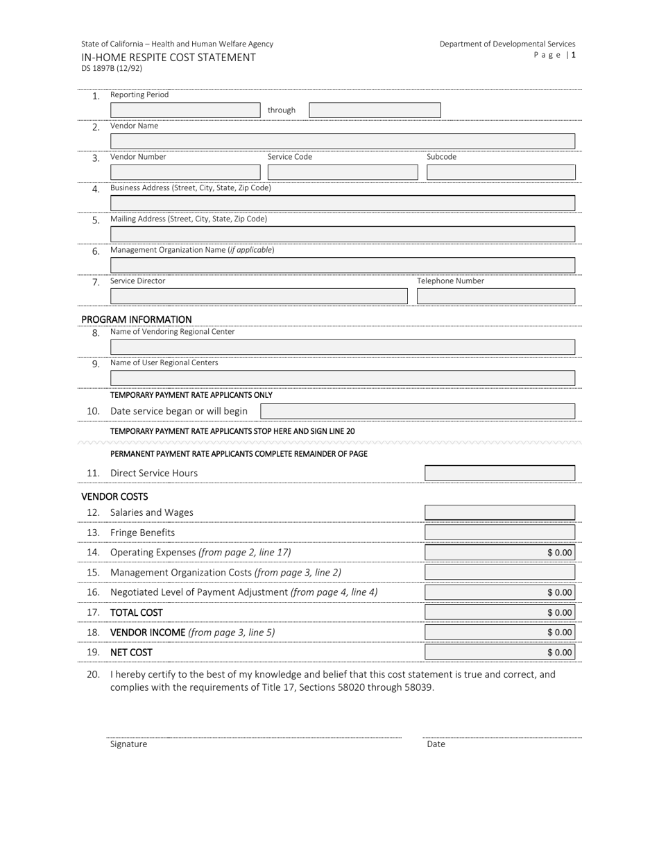 Form DS1897B In-home Respite Cost Statement - California, Page 1