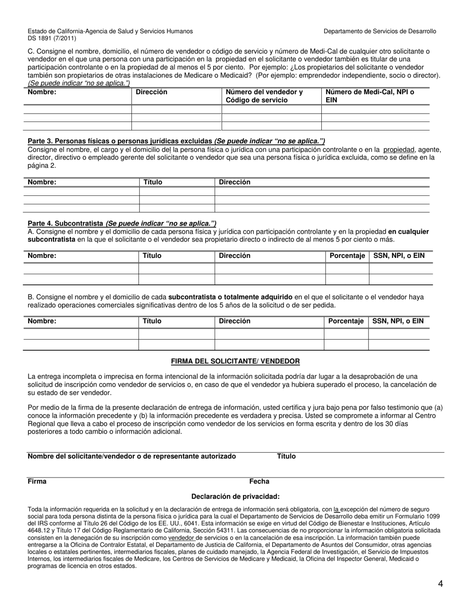 Formulario DS1891 Declaracion De Informacion Del Solicitante / Vendedor - California (Spanish), Page 4