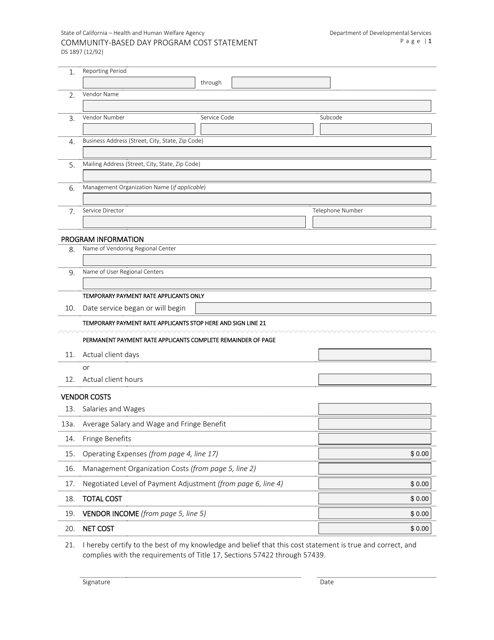 Form DS1897 Community-Based Day Program Cost Statement - California