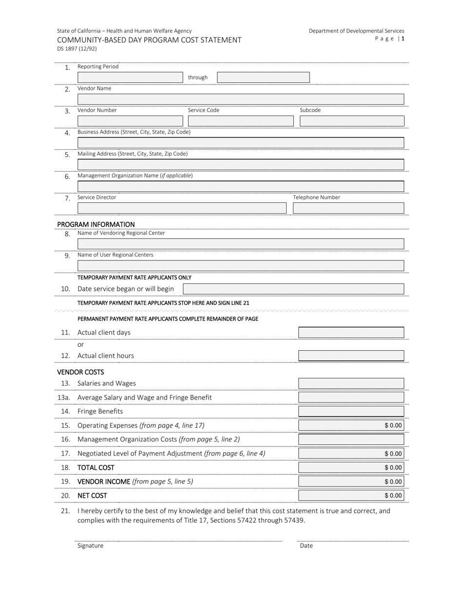Form DS1897 Community-Based Day Program Cost Statement - California, Page 1