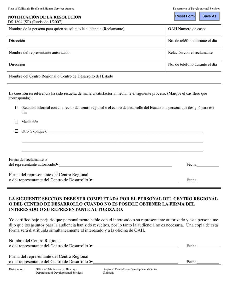 Formulario DS1804 Notificacion De La Resolucion - California (Spanish), Page 1