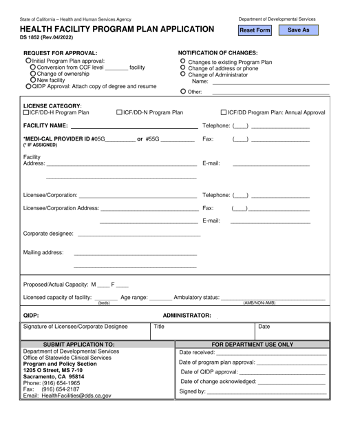 Form DS1852 Health Facility Program Plan Application - California