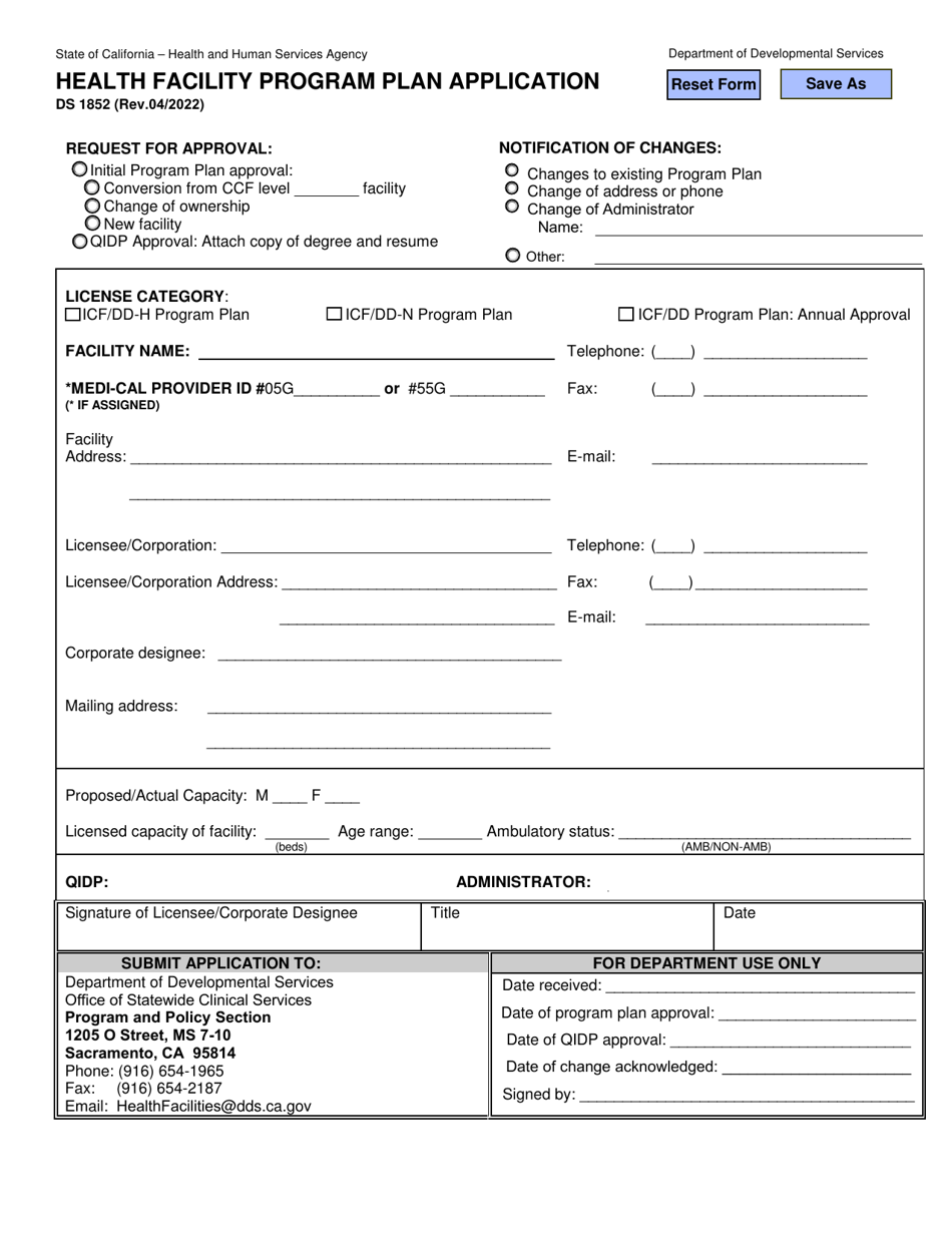 Form DS1852 Health Facility Program Plan Application - California, Page 1