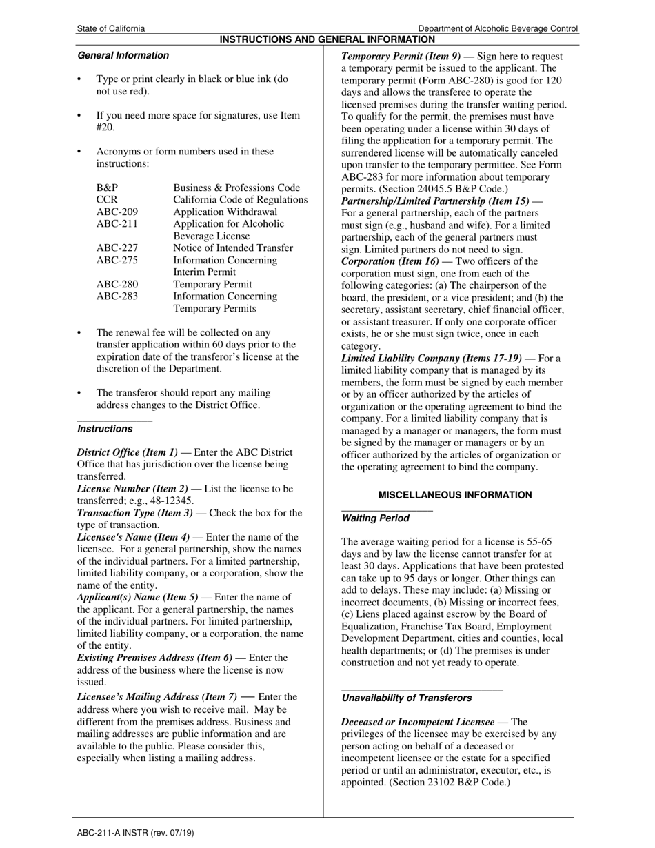 Instructions for Form ABC-211-A License Transfer Request (sign off) - California, Page 1