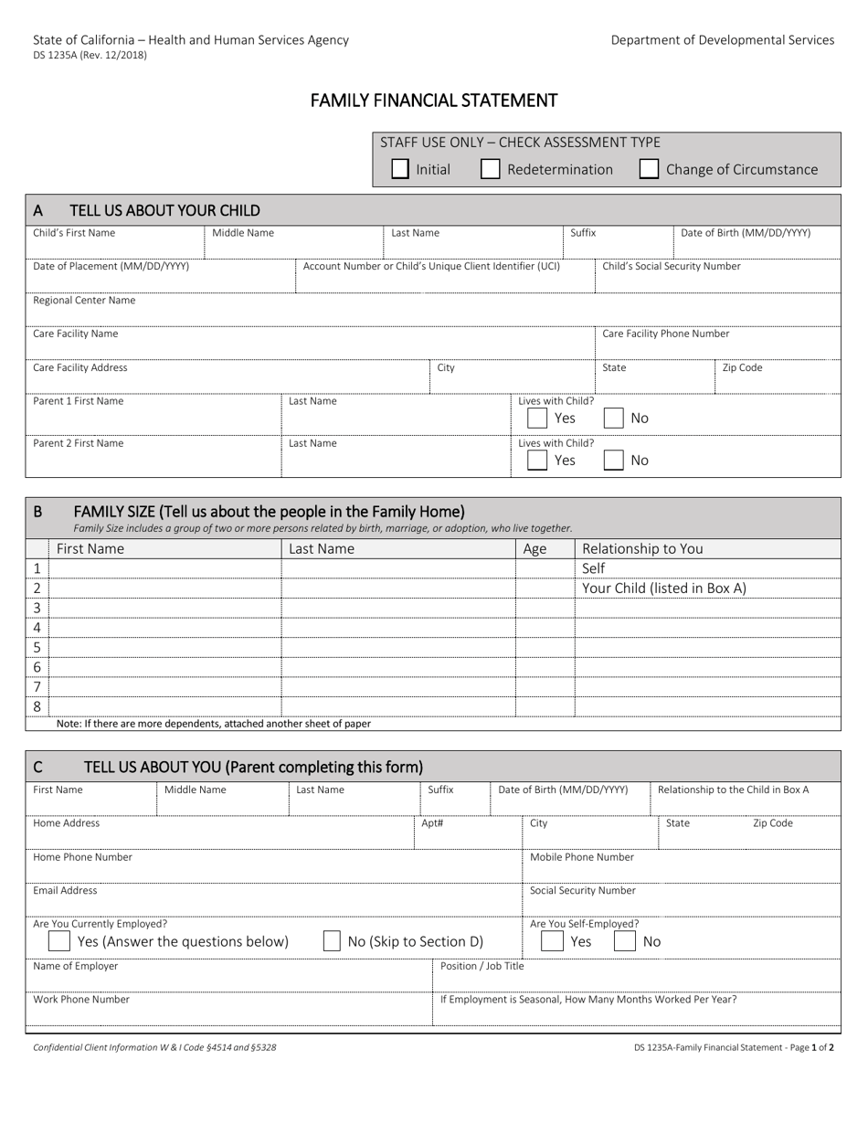 Form DS1235A Family Financial Statement - California, Page 1