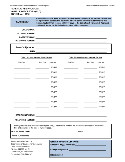 Form DS1214 Parental Fee Program Home Leave Credits (Hlc) - California