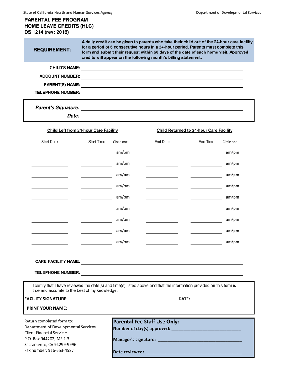 Form DS1214 Parental Fee Program Home Leave Credits (Hlc) - California, Page 1