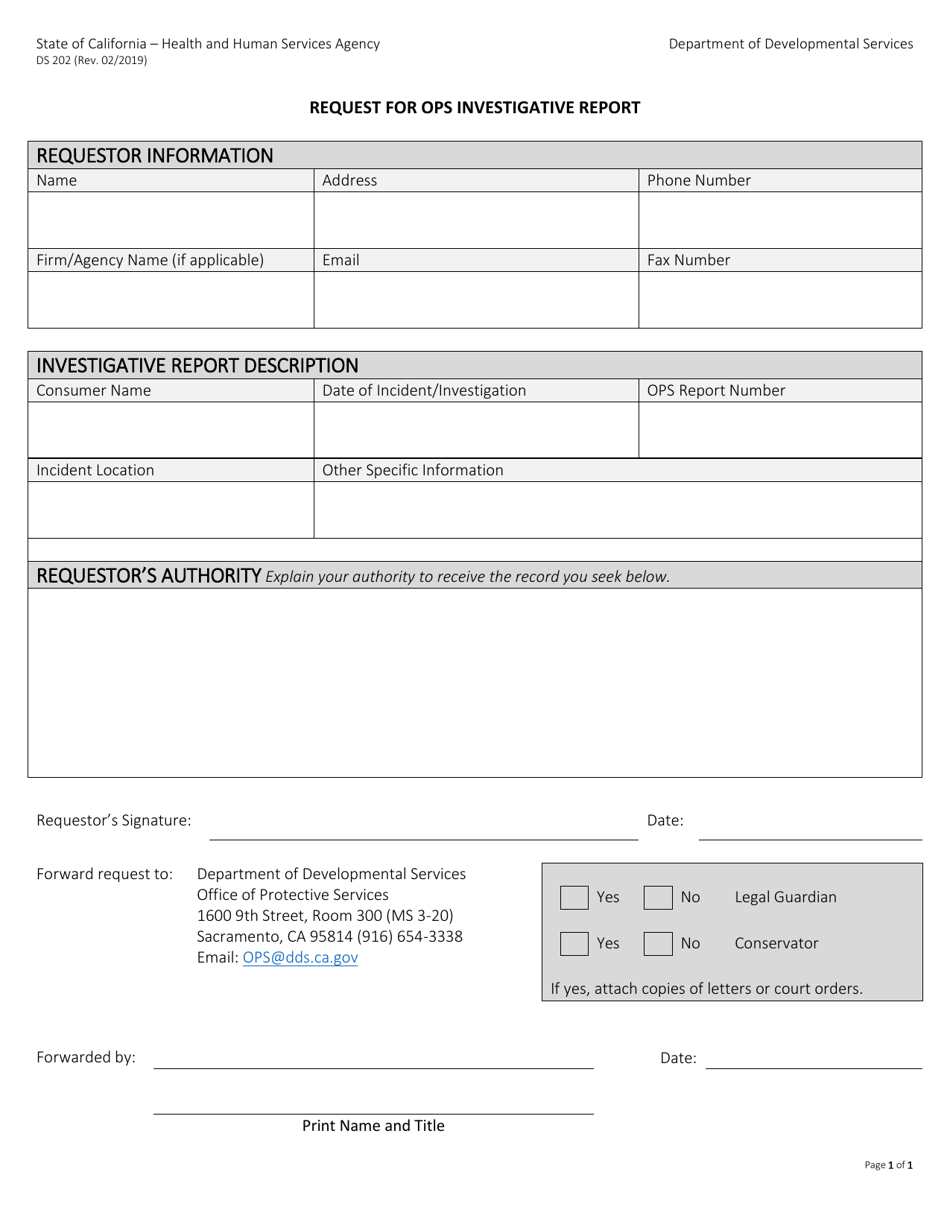 Form DS202 Request for Ops Investigative Report - California, Page 1