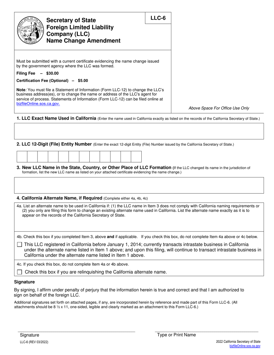 Form LLC-6 Foreign Limited Liability Company (LLC) Name Change Amendment - California, Page 2