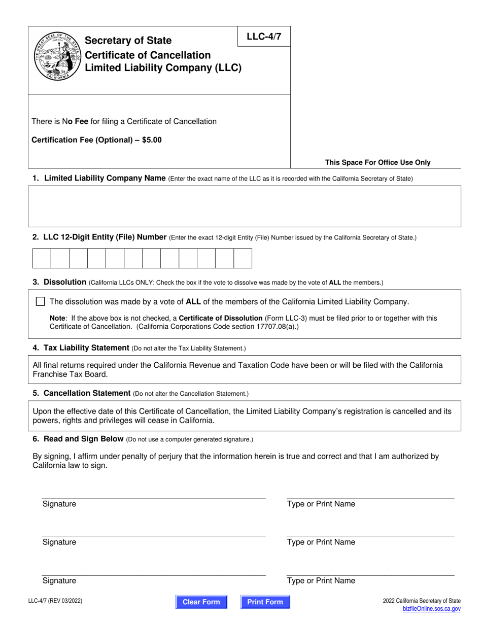 Form LLC-4 / 7 Certificate of Cancellation - Limited Liability Company (LLC) - California, Page 2