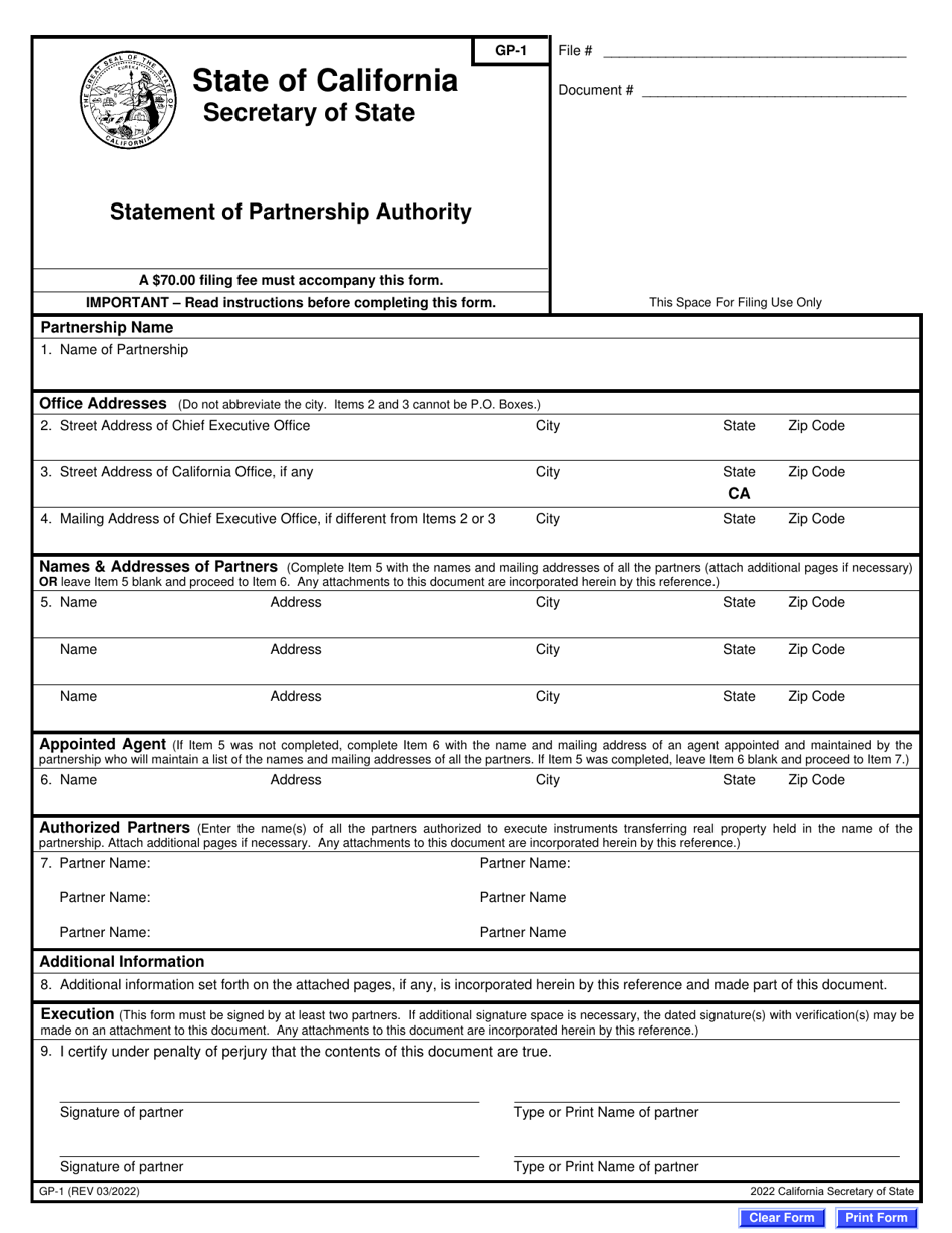 Form GP-1 Statement of Partnership Authority - California, Page 3