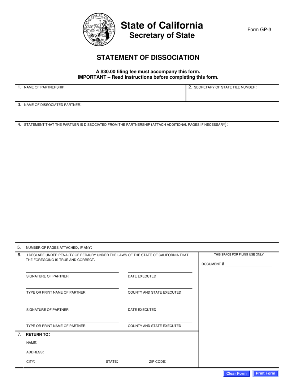 Form GP-3 Statement of Dissociation - California, Page 3