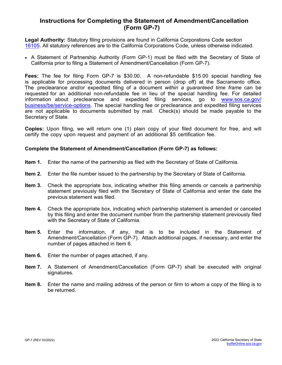 Form GP-7 Statement of Amendment / Cancellation - California, Page 2