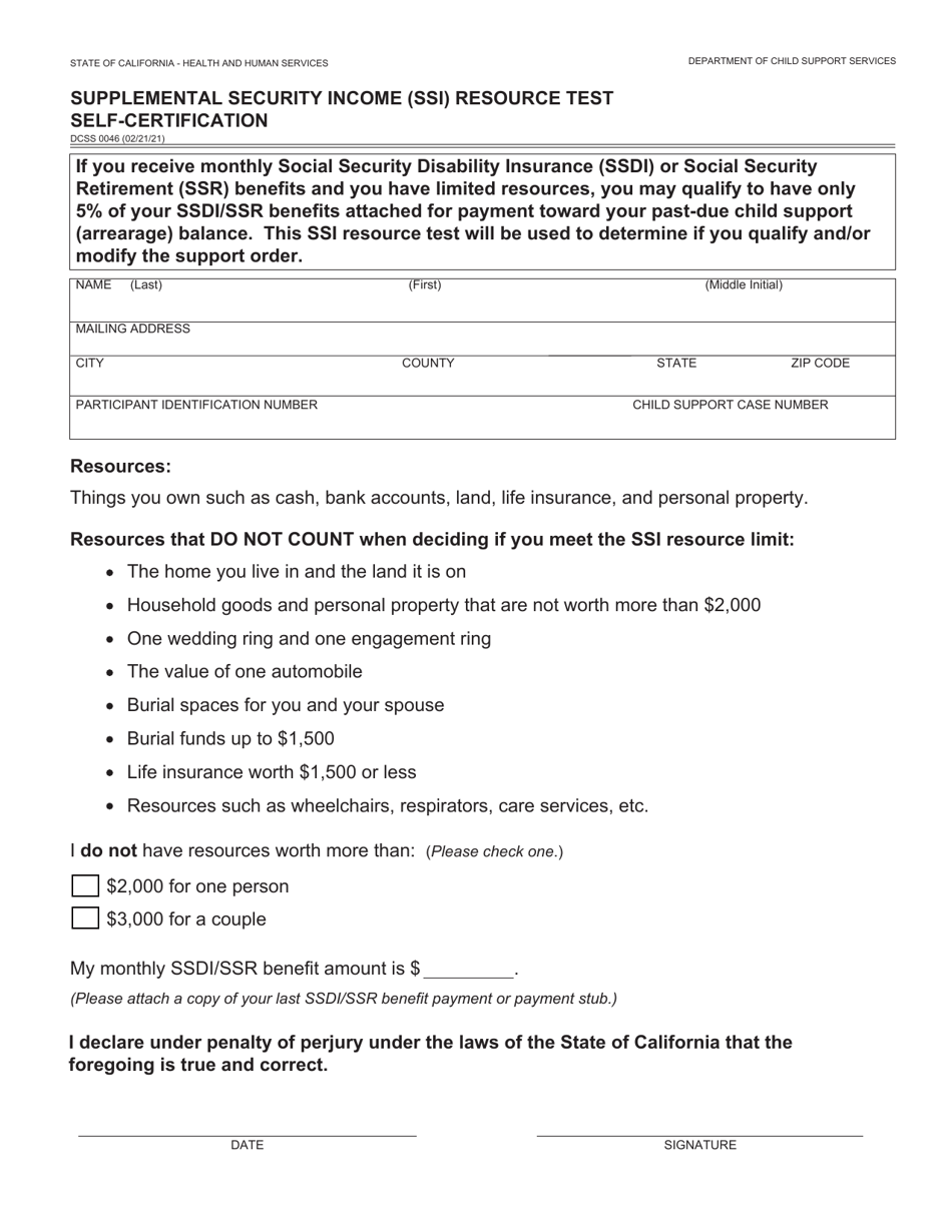 Form Dcss0046 Download Fillable Pdf Or Fill Online Supplemental Security Income Ssi Resource 3477