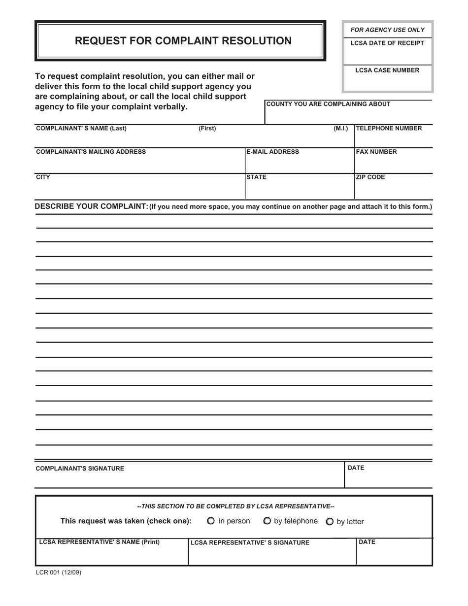 Form LCR001 Request for Complaint Resolution - California, Page 1