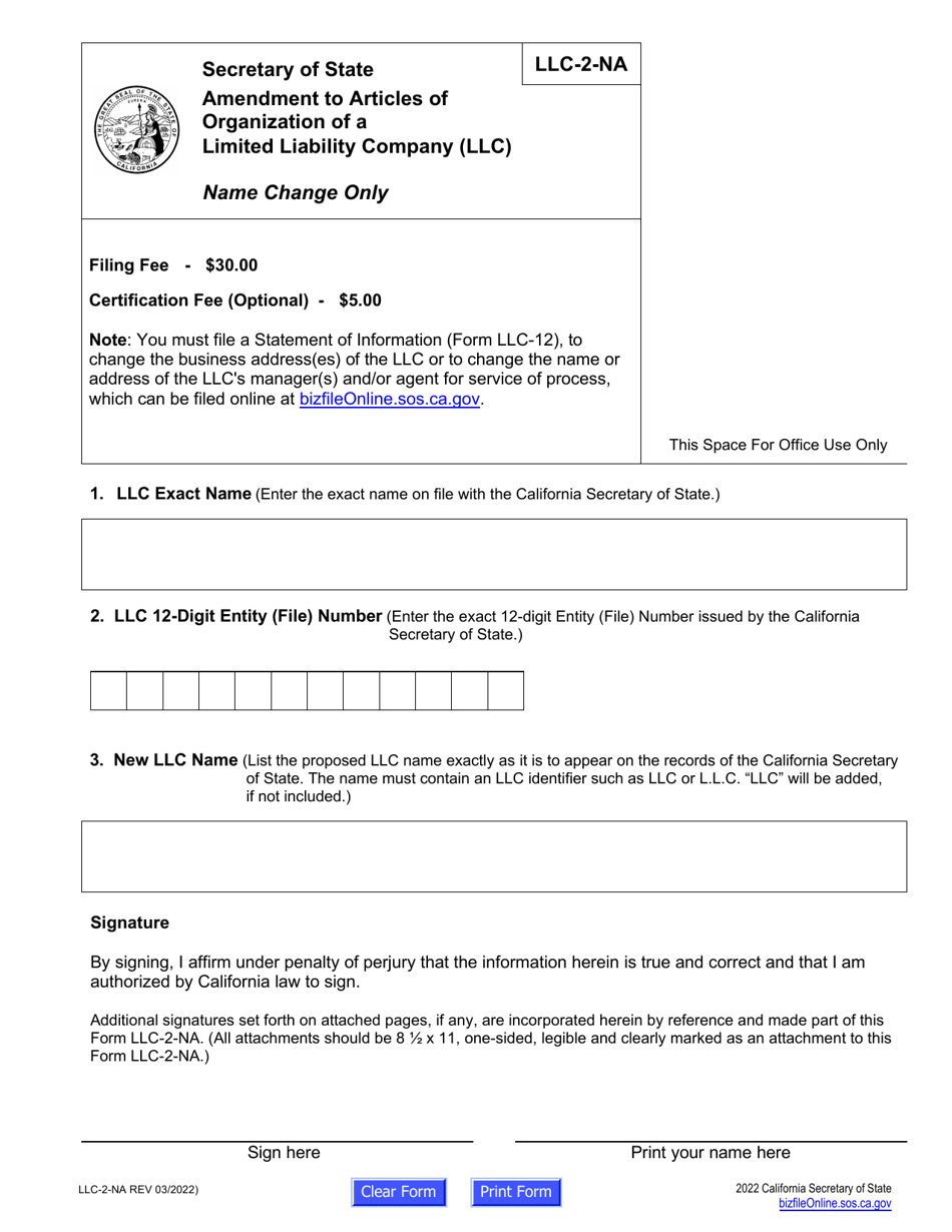 Form LLC-2-NA Amendment to Articles of Organization of a Limited Liability Company (LLC) - Name Change Only - California, Page 2