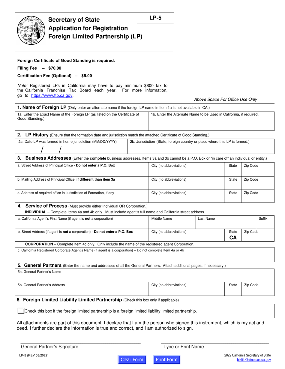 Form LP-5 Application for Registration Foreign Limited Partnership (Lp) - California, Page 2