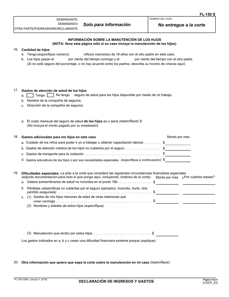 Formulario FL-150 Declaracion De Ingresos Y Gastos - California (Spanish), Page 4