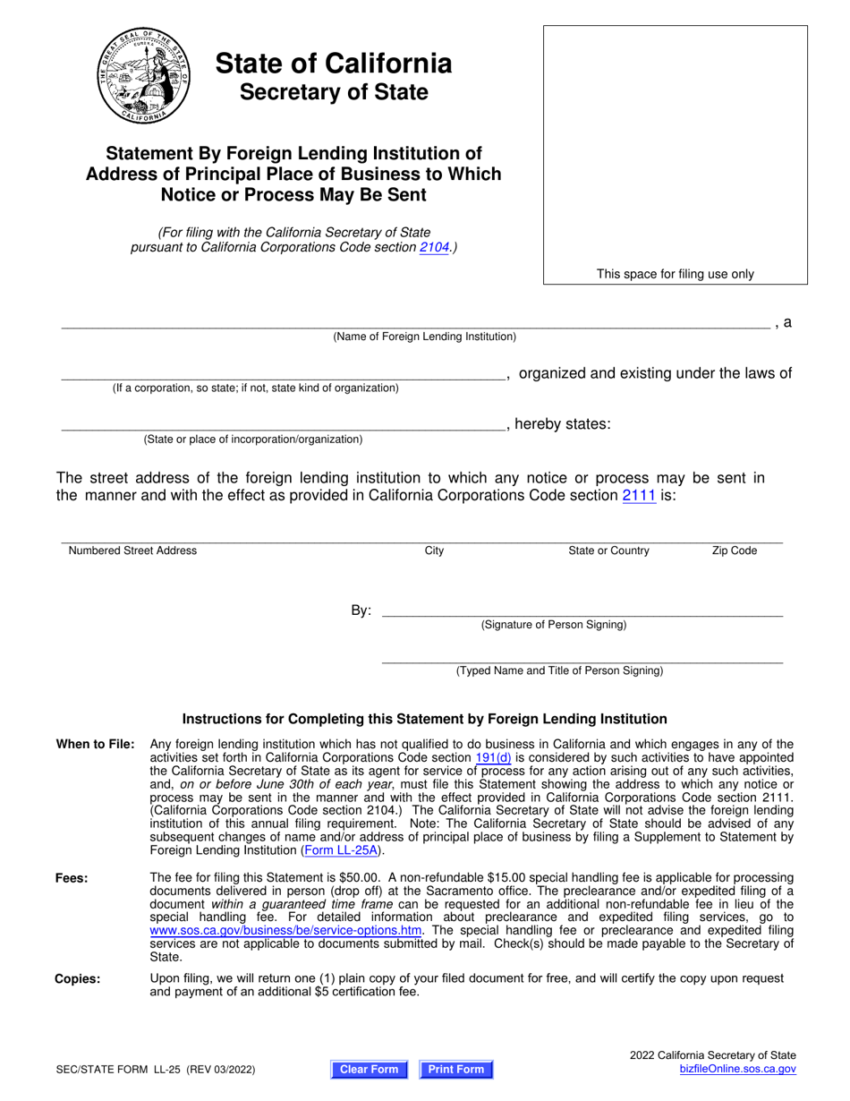 Form LL-25 Statement by Foreign Lending Institution of Address of Principal Place of Business to Which Notice or Process May Be Sent - California, Page 2