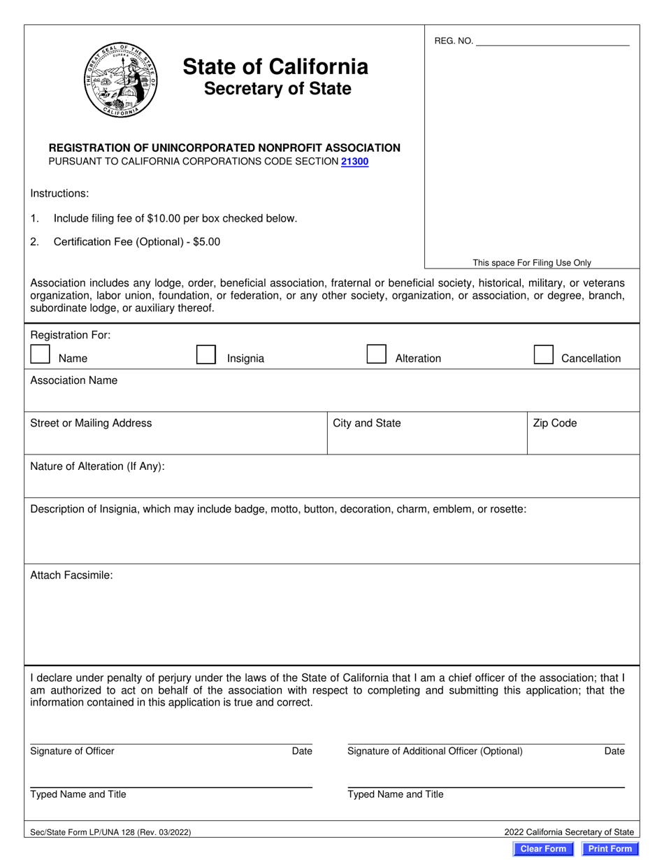 Form LP / UNA128 Registration of Unincorporated Nonprofit Association - California, Page 2