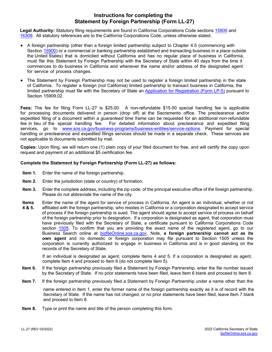 Form LL-27 Statement by Foreign Partnership - California, Page 2