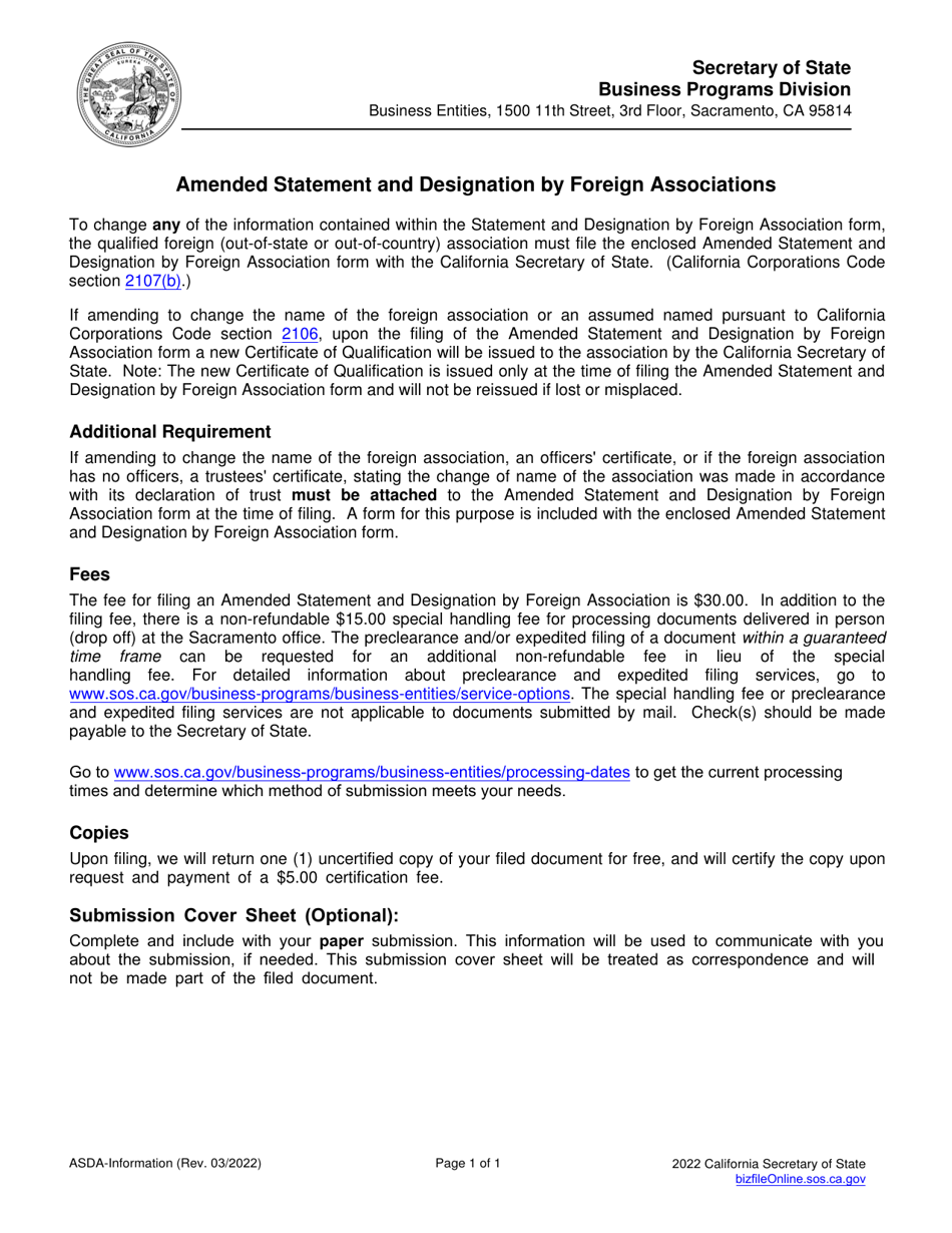 Form ASDA Amended Statement and Designation by Foreign Association - California, Page 2