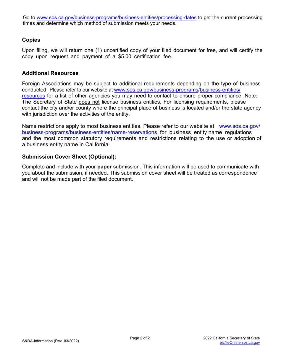 Form SDA Statement and Designation by Foreign Association - California, Page 3