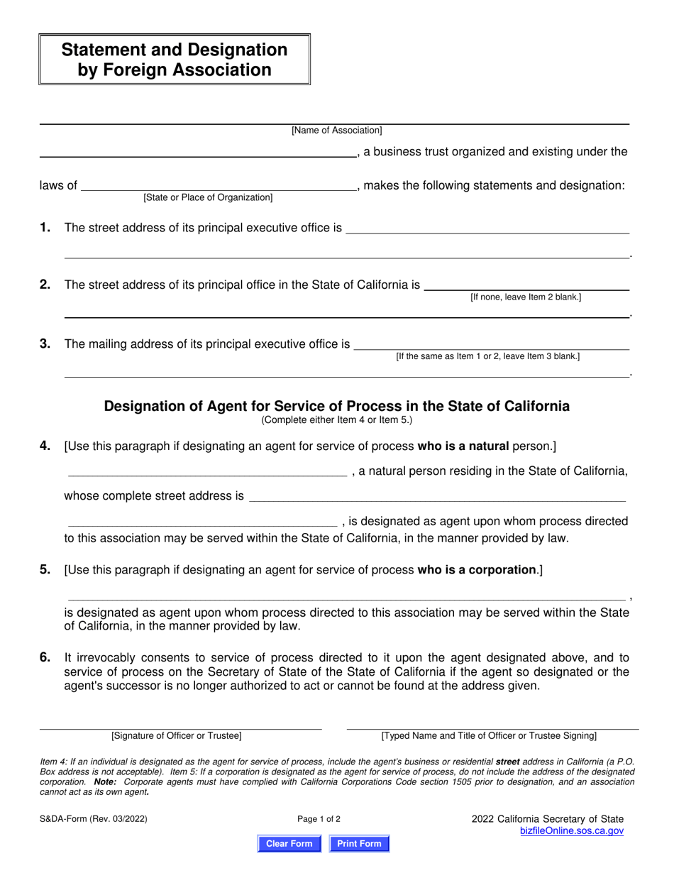 Form SDA Statement and Designation by Foreign Association - California, Page 5