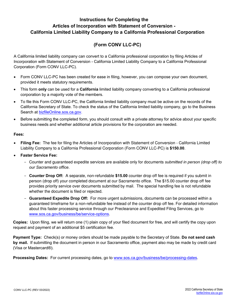 Form CONV LLC-PC Articles of Incorporation With Statement of Conversion - California Limited Liability Company to a California Professional Corporation - California, Page 2