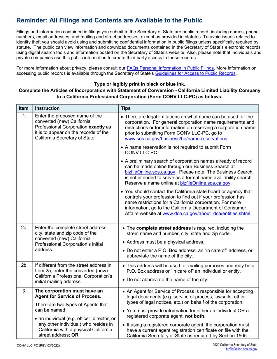 Form CONV LLC-PC Articles of Incorporation With Statement of Conversion - California Limited Liability Company to a California Professional Corporation - California, Page 3