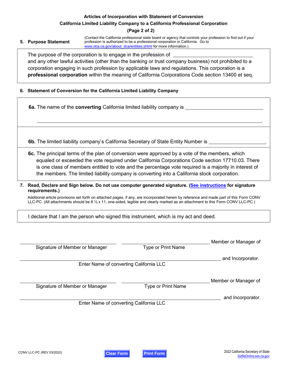 Form CONV LLC-PC Articles of Incorporation With Statement of Conversion - California Limited Liability Company to a California Professional Corporation - California, Page 8