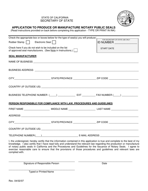 Application to Produce or Manufacture Notary Public Seals - California Download Pdf