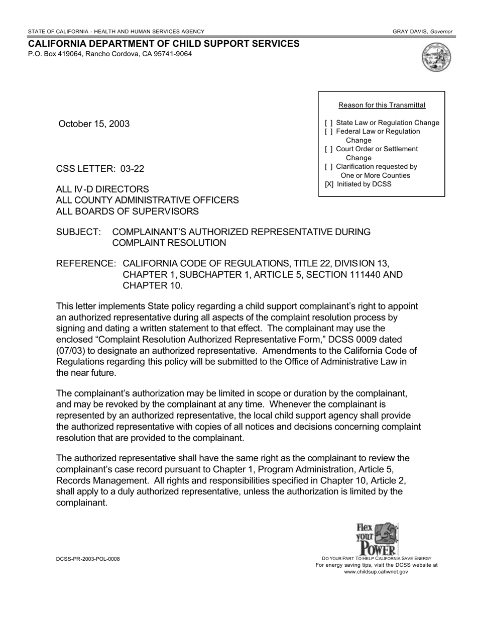 Form DCSS0009 Complaint Resolution Authorized Representative Form - California, Page 1