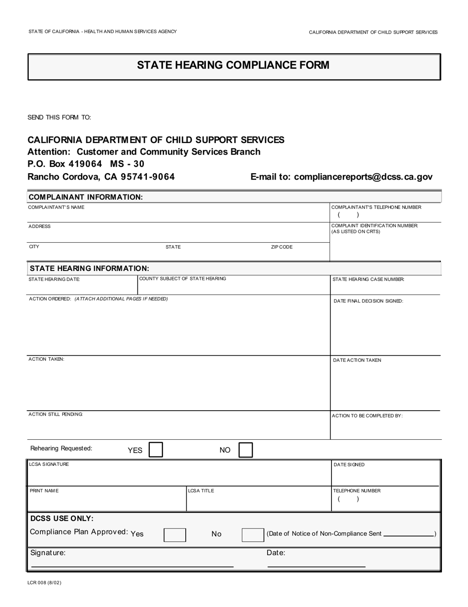 Form LCR008 State Hearing Compliance Form - California, Page 3