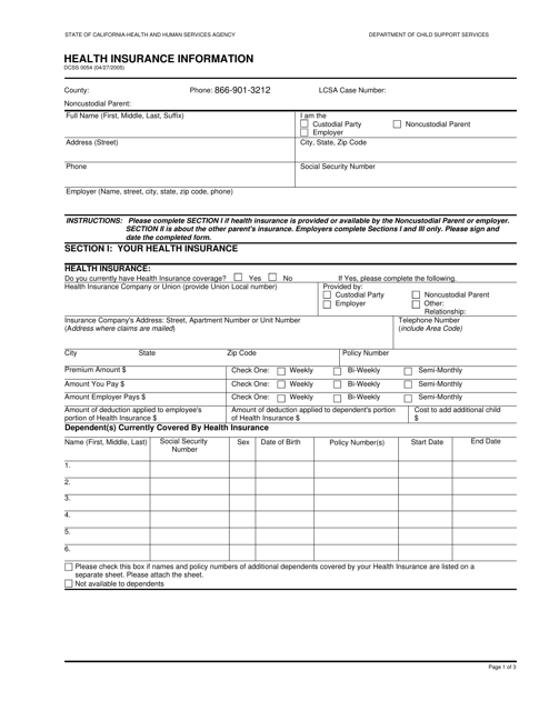 Form DCSS0054 Health Insurance Information - California