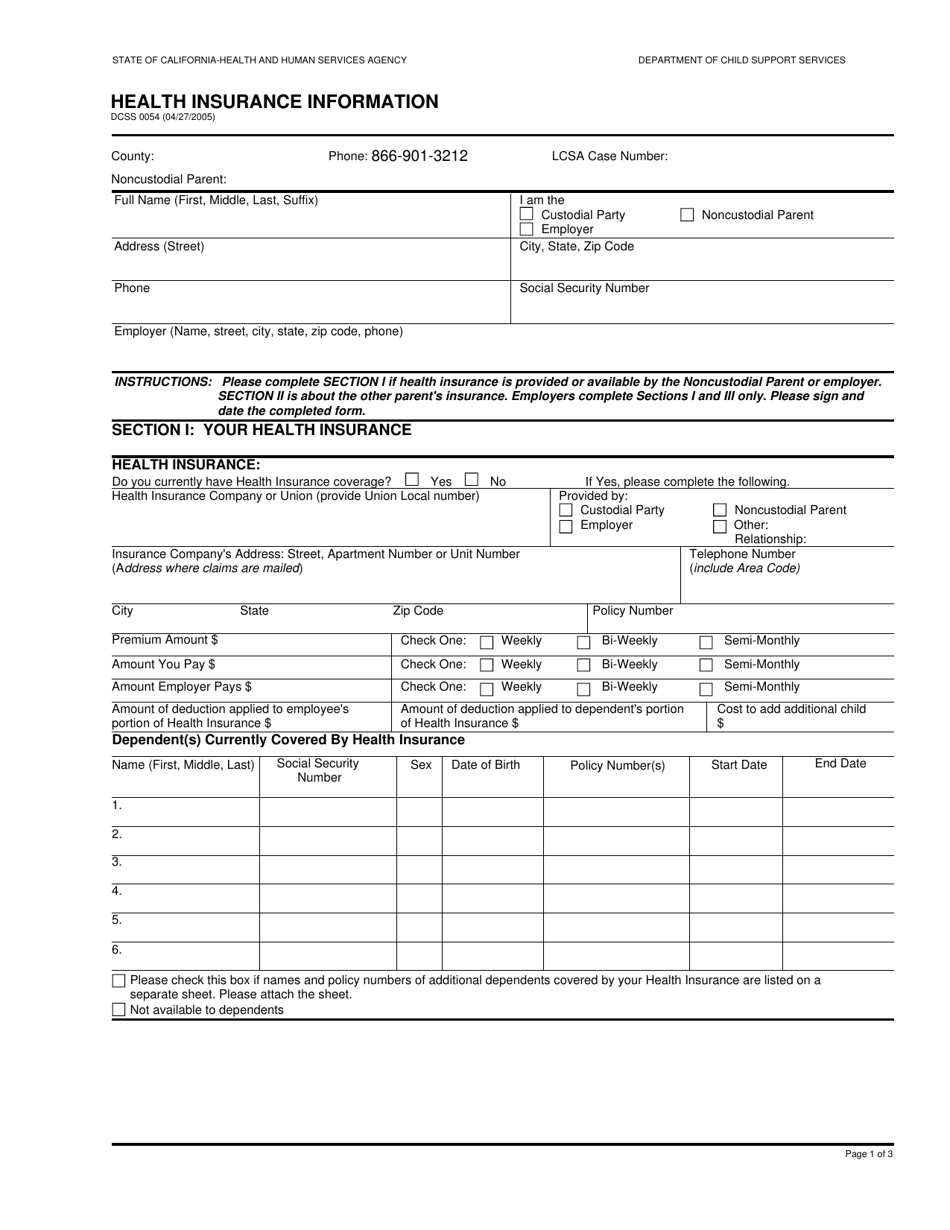 Form DCSS0054 Health Insurance Information - California, Page 1