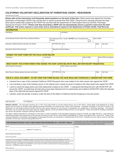 Form DCSS0915 California Voluntary Declaration of Parentage (Vdop) - Rescission - California